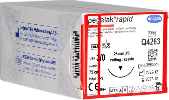Doğsan Pegelak Rapid 3/0 26 3/8 Keskin (▼) 75cm PGLA Emilebilir Sütür 12 Ad./Pkt