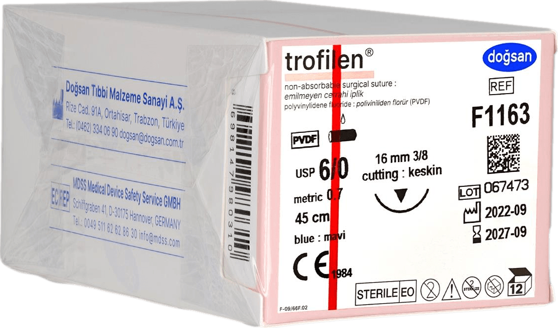 Doğsan Trofilen 6/0 16 3/8 Keskin 45cm PVDF Emilemeyen Sütür 12 Adet