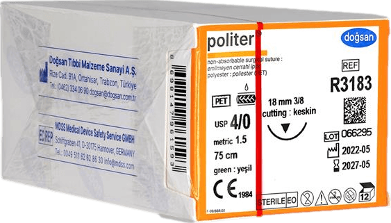 Doğsan Politer 4/0 18 3/8 Keskin (▼) 75cm Polyester Emilemeyen Sütür 12 Ad./Pkt