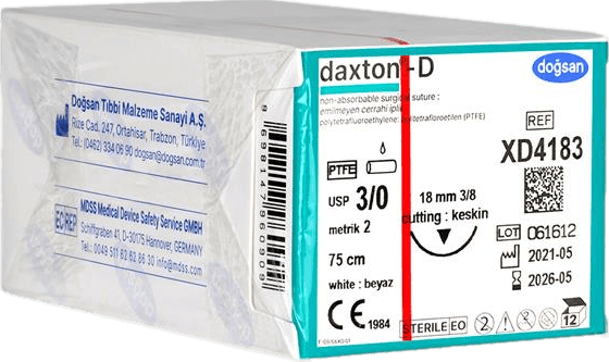 Doğsan Daxton-D 3/0 18 3/8 Keskin 75cm Teflon Emilemeyen Sütür 12 Adet