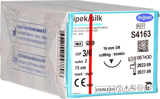 Doğsan İpek 3/0 16 3/8 Keskin (▼) 75cm İpek Emilemeyen Sütür 12 Ad./Pkt