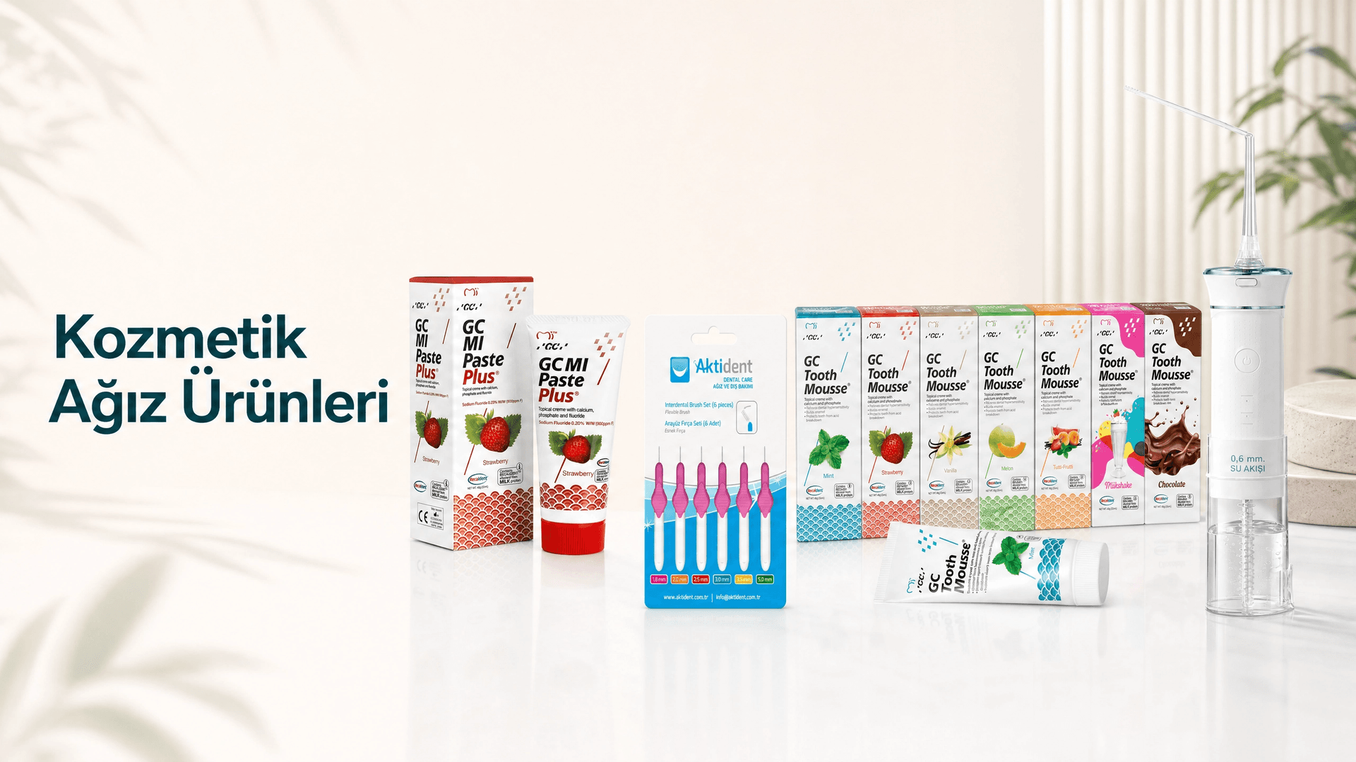 Kozmetik ağız bakım ürünleri — Tooth Mousse, MI Paste, arayüz fırçası ve ağız duşu