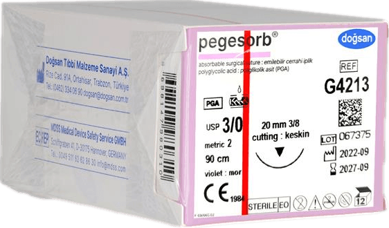 Doğsan Pegesorb 3/0 20 3/8 Keskin (▼) 90cm PGA Emilebilir Sütür 12 Ad./Pkt