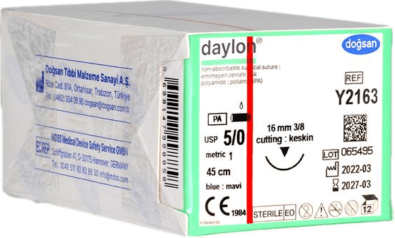 Doğsan Daylon 5/0 16 3/8 Keskin (▼) 45cm Polyamid Emilemeyen Sütür 12 Ad./Pkt