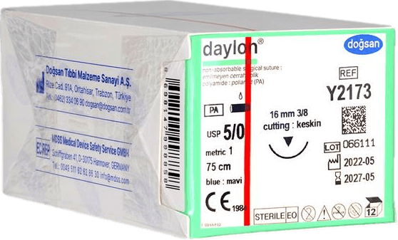 Doğsan Daylon 5/0 16 3/8 Keskin (▼) 75cm Polyamid Emilemeyen Sütür 12 Ad./Pkt